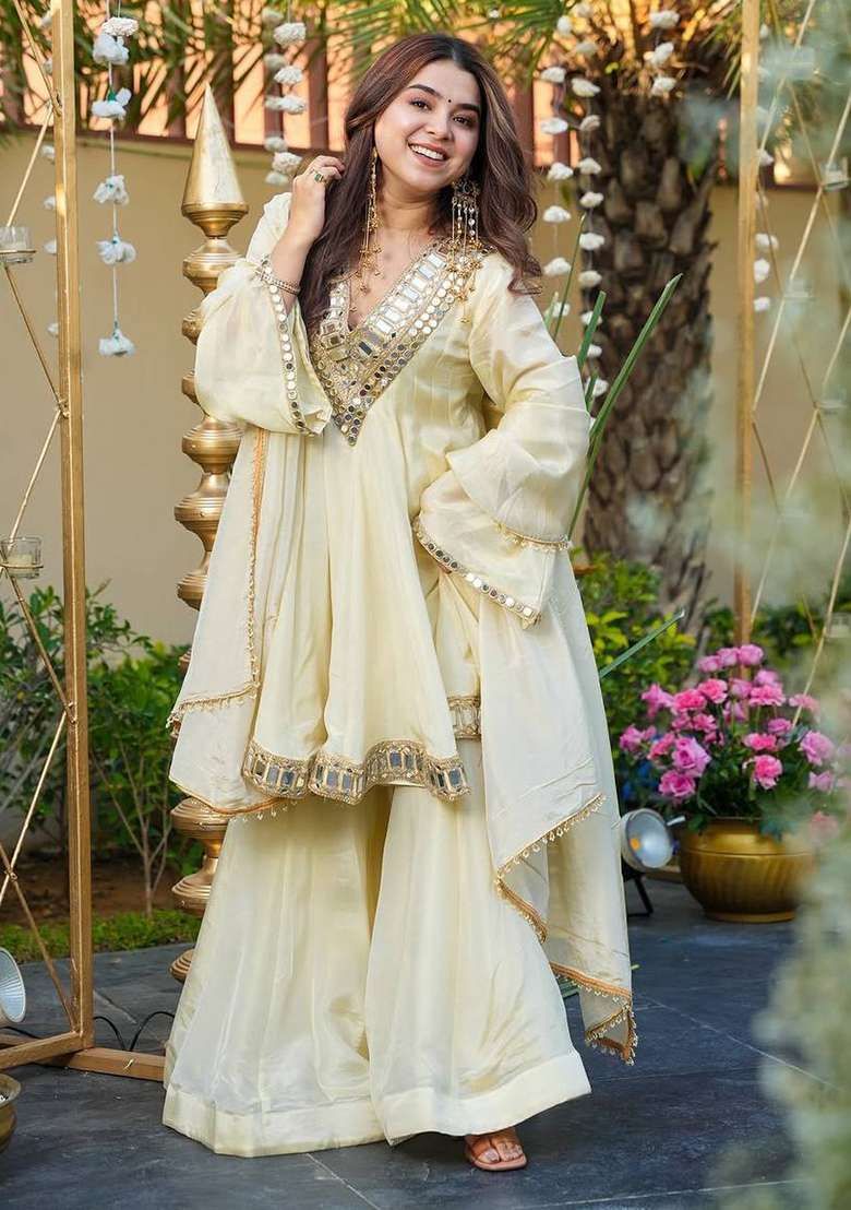 Off White Embroidered Silk Blend Sharara Set - Indya