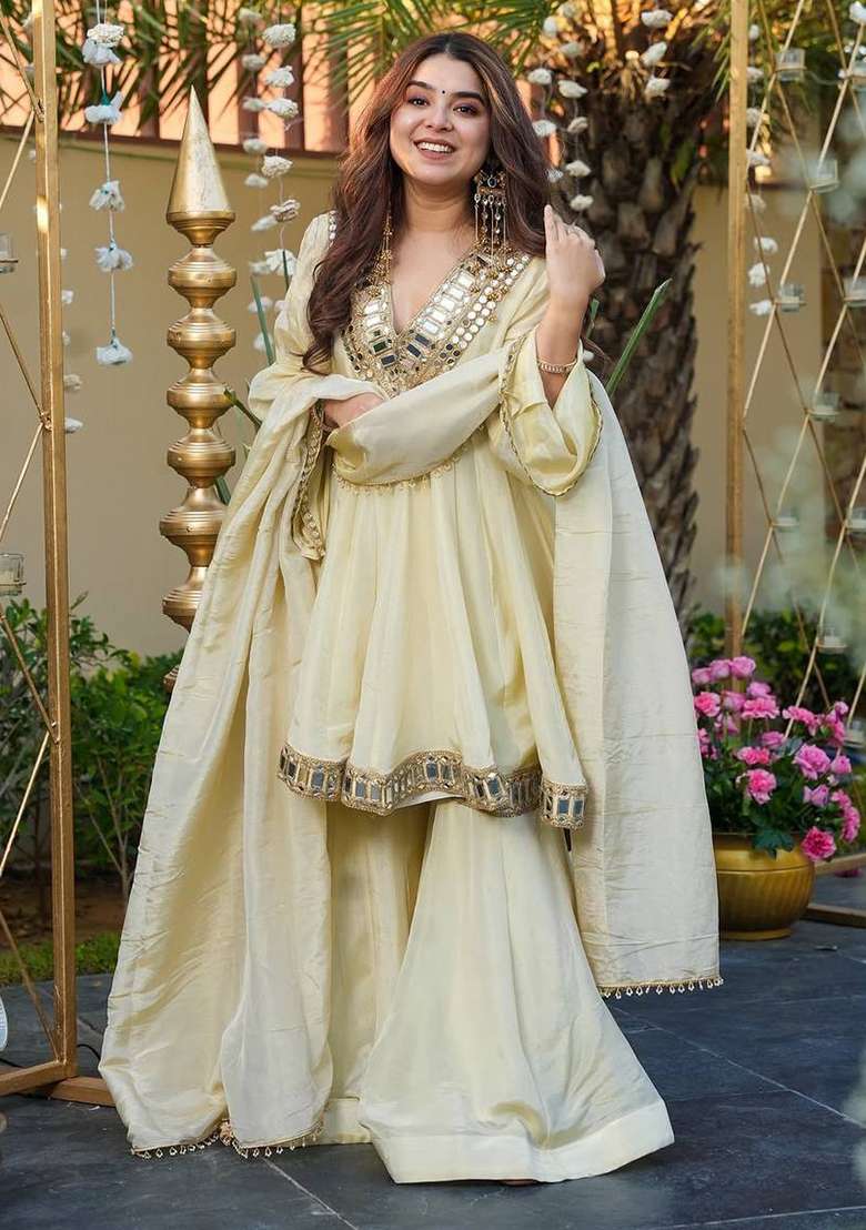 Off White Embroidered Silk Blend Sharara Set - Indya