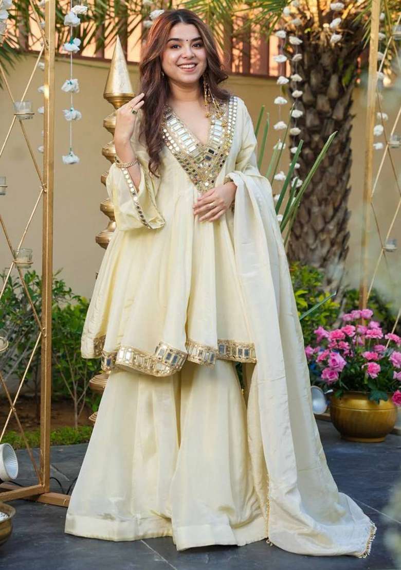 Off White Embroidered Silk Blend Sharara Set - Indya