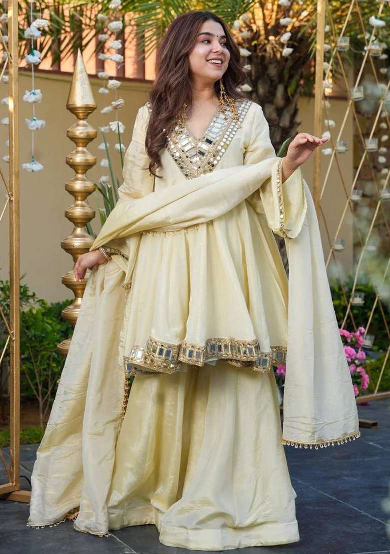 Off White Embroidered Silk Blend Sharara Set - Indya