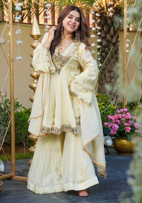 Off White Mirror Work Zari Silk Kurta Set