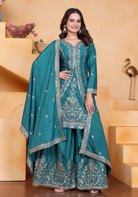 Turquoise Embroidery Crepe Silk  Kurta Set