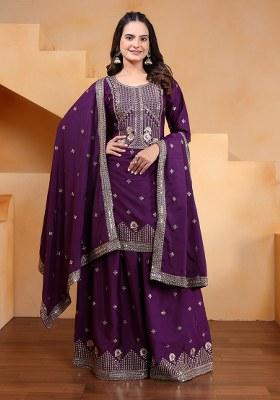 Purple Embroidery Crepe Silk  Kurta Set