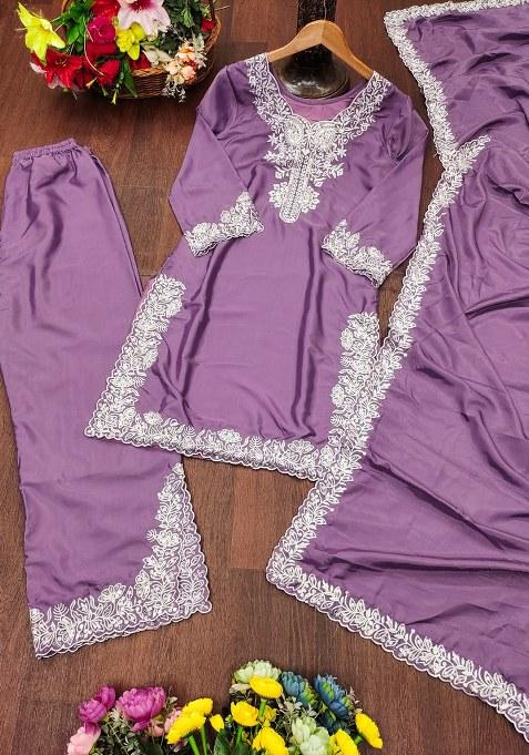 Light Lavender Embroidery Crepe Silk  Kurta Set