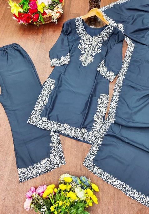 Dark Sky Blue Embroidery Crepe Silk  Kurta Set