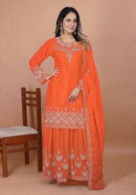 Orange Embroidery Chinon Silk Kurta Set