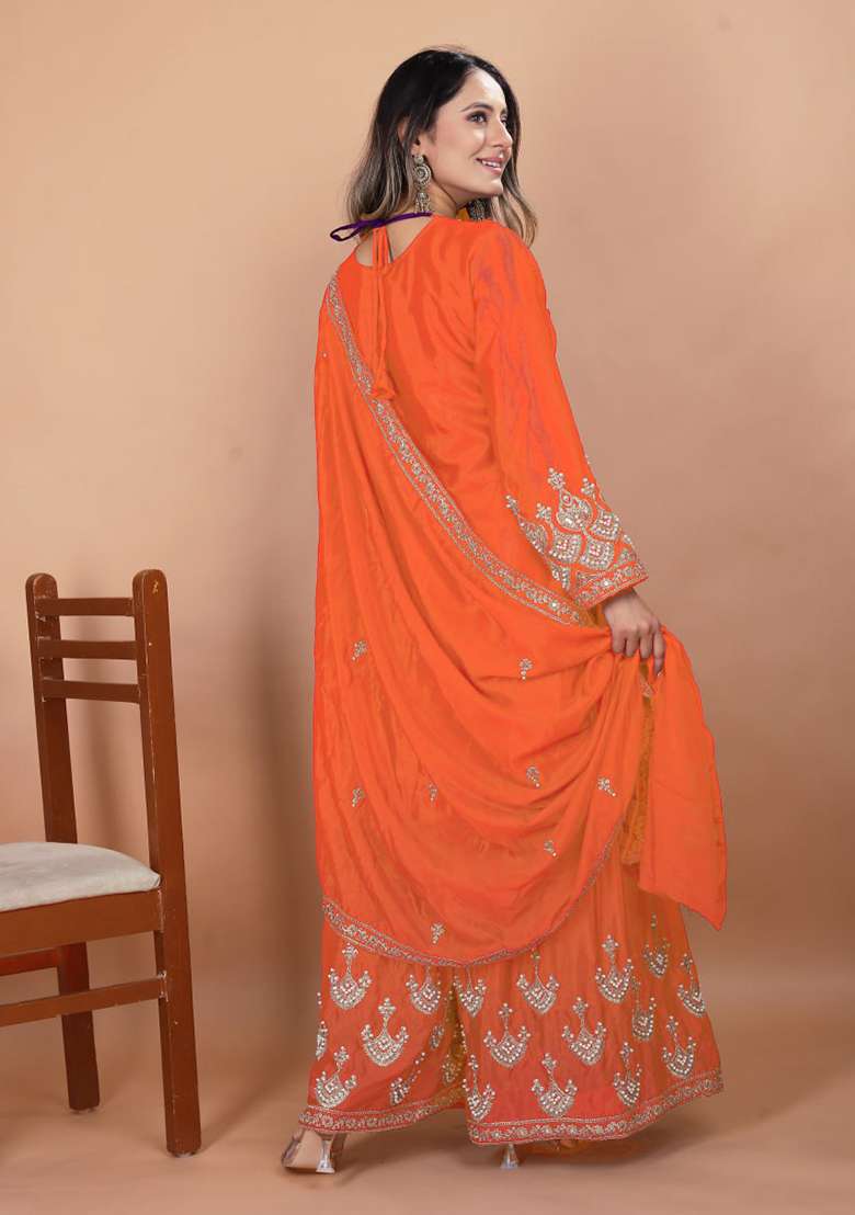 Orange Embroidered Silk Blend Sharara Set - Indya