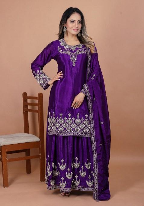 Violet Embroidery Chinon Silk Kurta Set