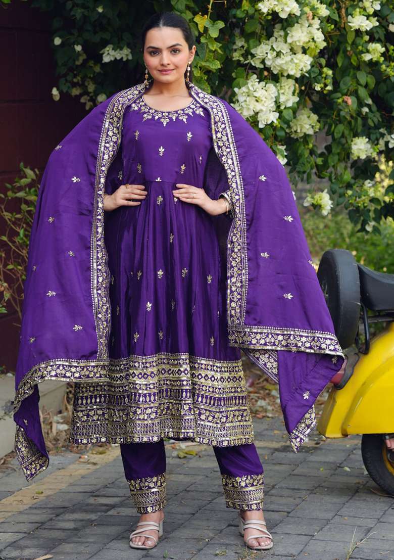 Violet Embroidered Silk Blend Anarkali Set - Indya
