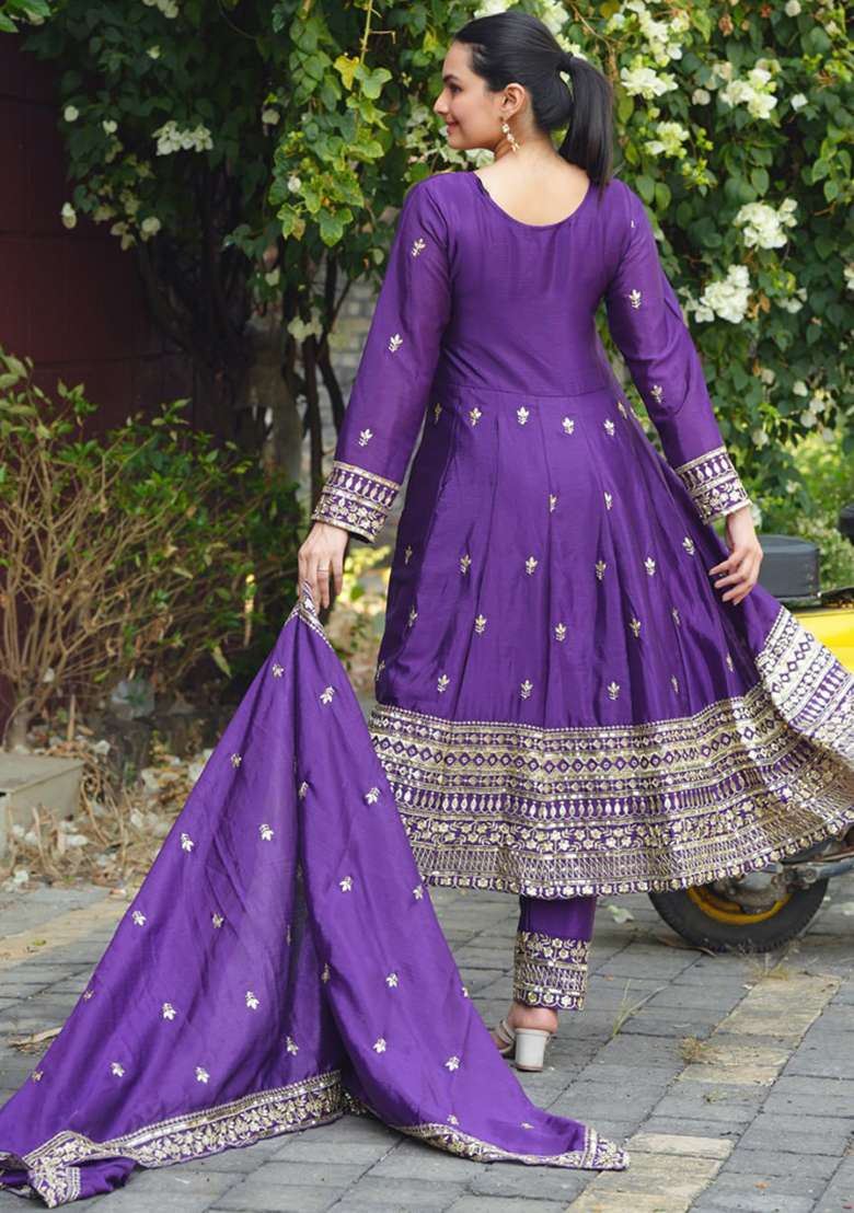 Violet Embroidered Silk Blend Anarkali Set - Indya
