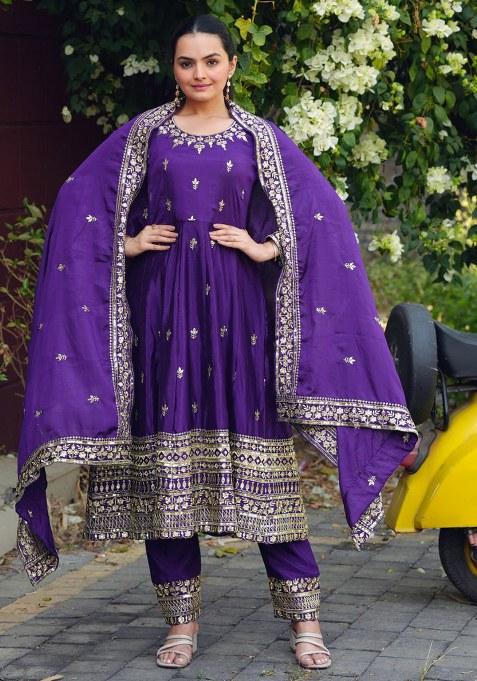 Violet Embroidery Chinon Silk Kurta Set