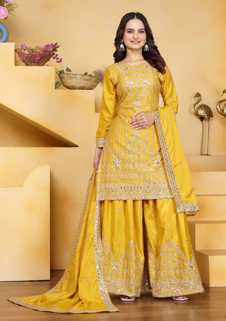 Yellow Embroidered Silk Blend Sharara Set - Indya