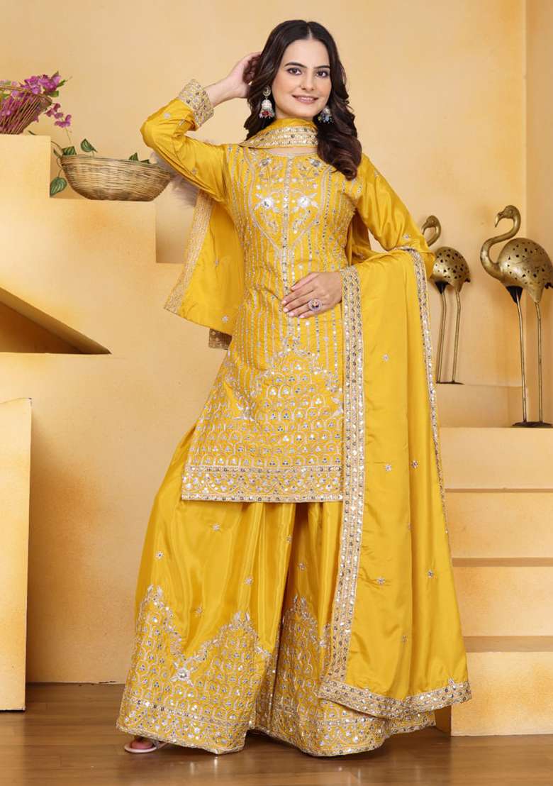 Yellow Embroidered Silk Blend Sharara Set - Indya