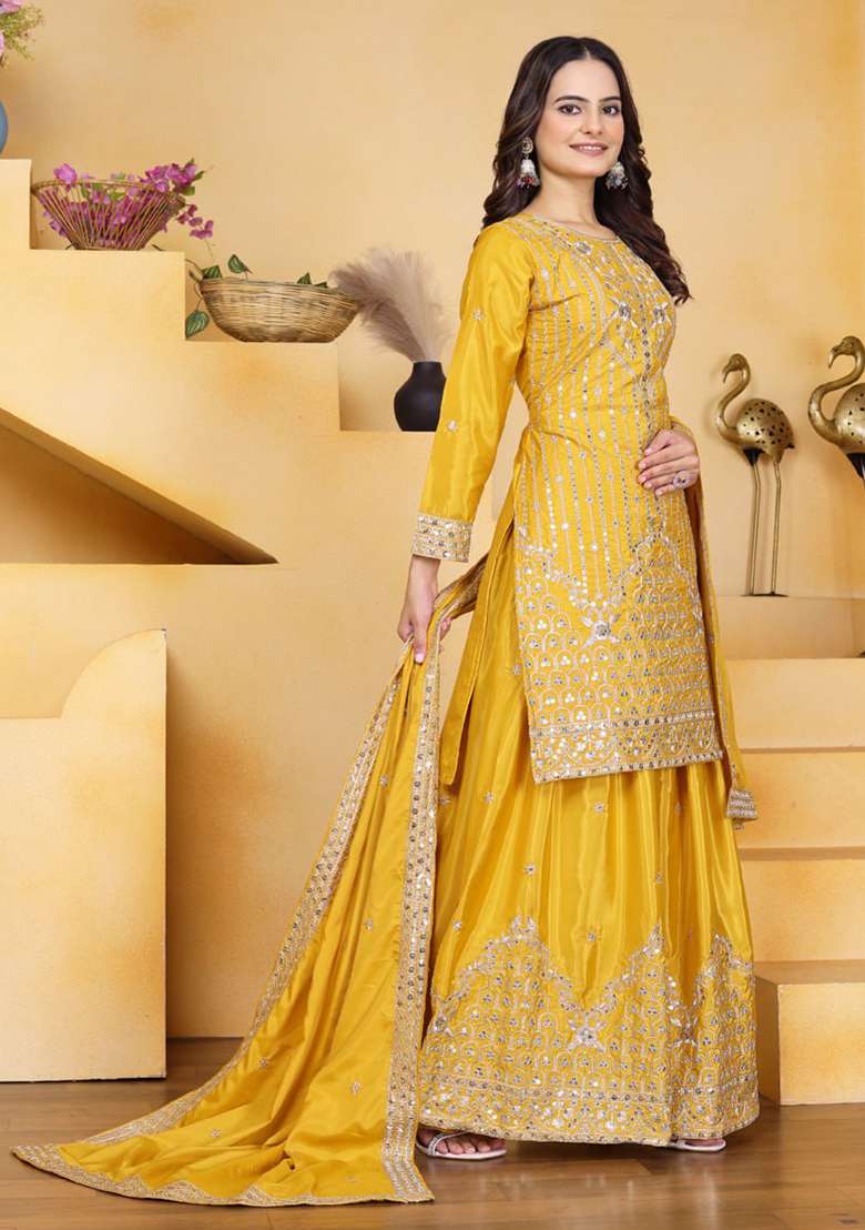 Yellow Embroidered Silk Blend Sharara Set - Indya