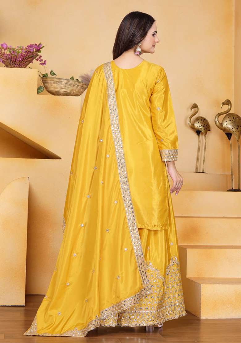 Yellow Embroidered Silk Blend Sharara Set - Indya