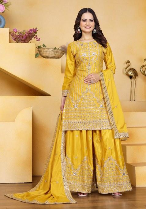 Yellow Embroidery Crepe Silk  Kurta Set
