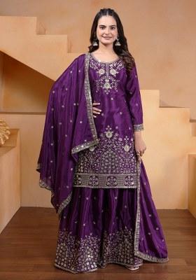 Violet Embroidered Silk Blend Sharara Set