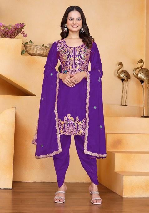 Purple Embroidery Chinon Silk Kurta Set