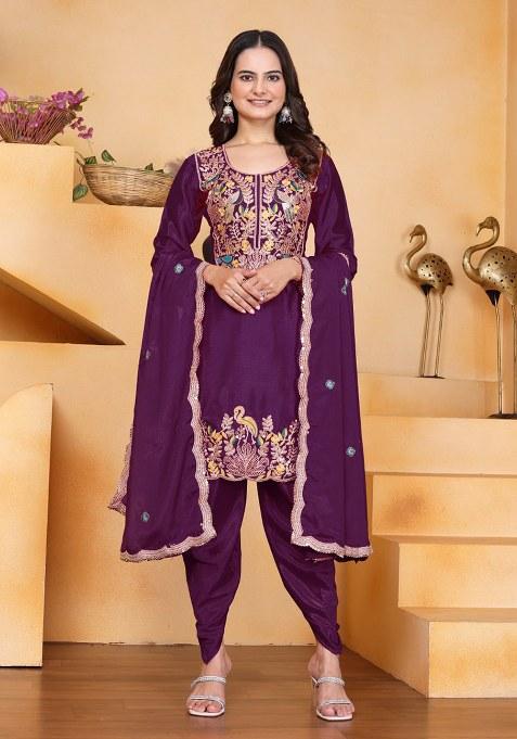 Pink Embroidery Chinon Silk Kurta Set