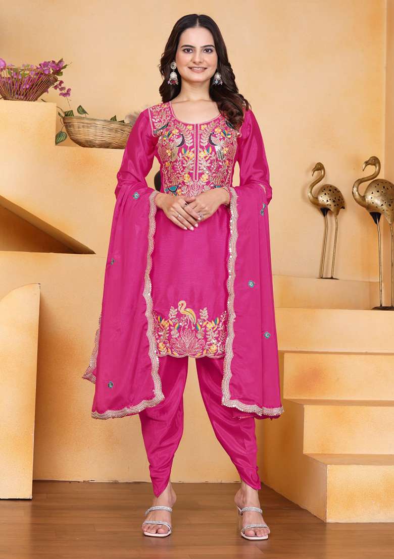 Wine Embroidered Chinon Punjabi Suit - Indya