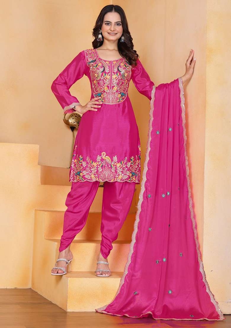 Wine Embroidered Chinon Punjabi Suit - Indya