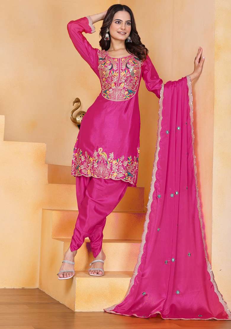 Wine Embroidered Chinon Punjabi Suit - Indya