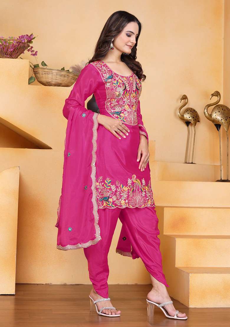 Wine Embroidered Chinon Punjabi Suit - Indya