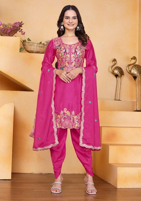 Wine Embroidery Chinon Silk Kurta Set