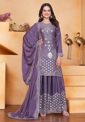 Lavender Embroidered Silk Blend Sharara Set