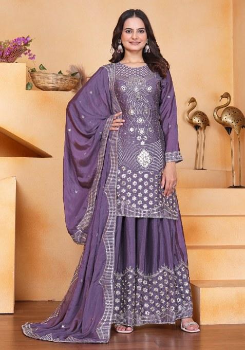 Lavender Embroidery Chinon Silk Kurta Set