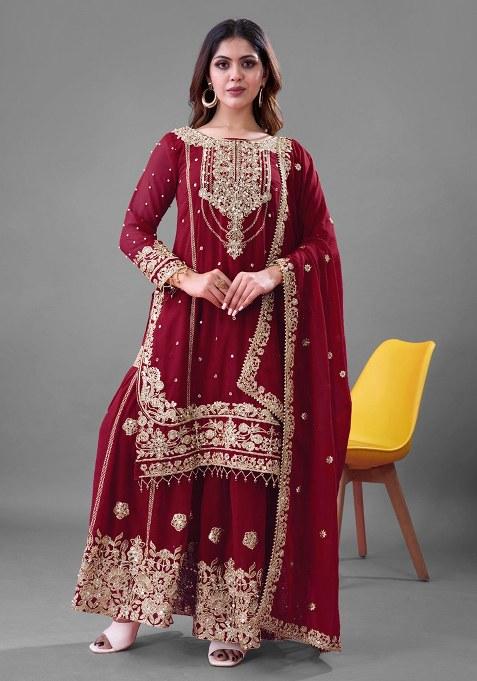 Maroon Embroidery Georgette Kurta Set