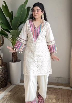 Off White Schiffli Work Khadi Cotton Kurta Set