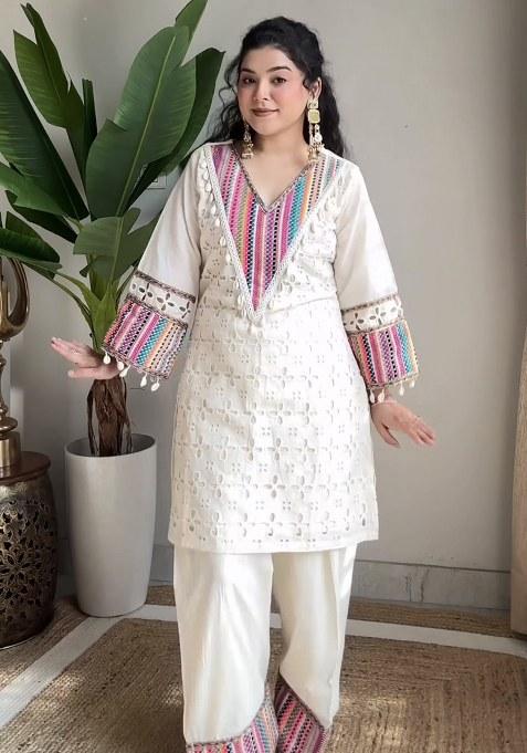 Off White Schiffli Work Khadi Cotton Kurta Set