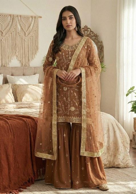 Light Brown Embroidery Georgette Kurta Set