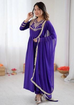 Blue Embroidered Silk Anarkali Set