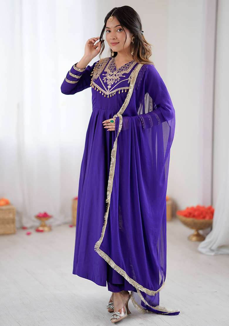 Blue Embroidered Silk Blend Anarkali Set - Indya