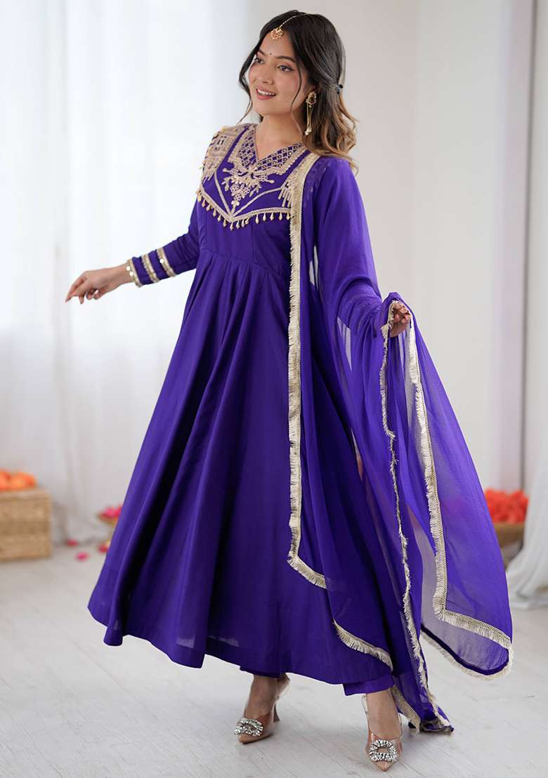 Blue Embroidered Silk Blend Anarkali Set - Indya