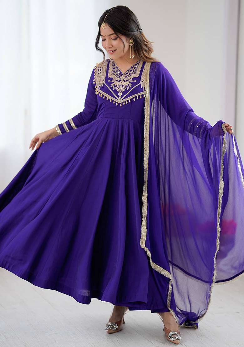 Blue Embroidered Silk Blend Anarkali Set - Indya