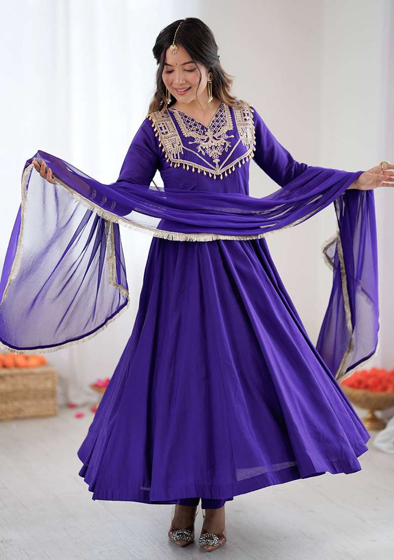 Blue Embroidered Silk Blend Anarkali Set - Indya
