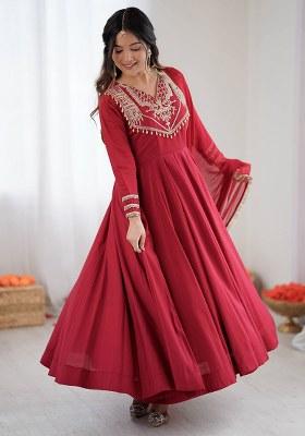 Red Embroidered Silk Blend Anarkali Set