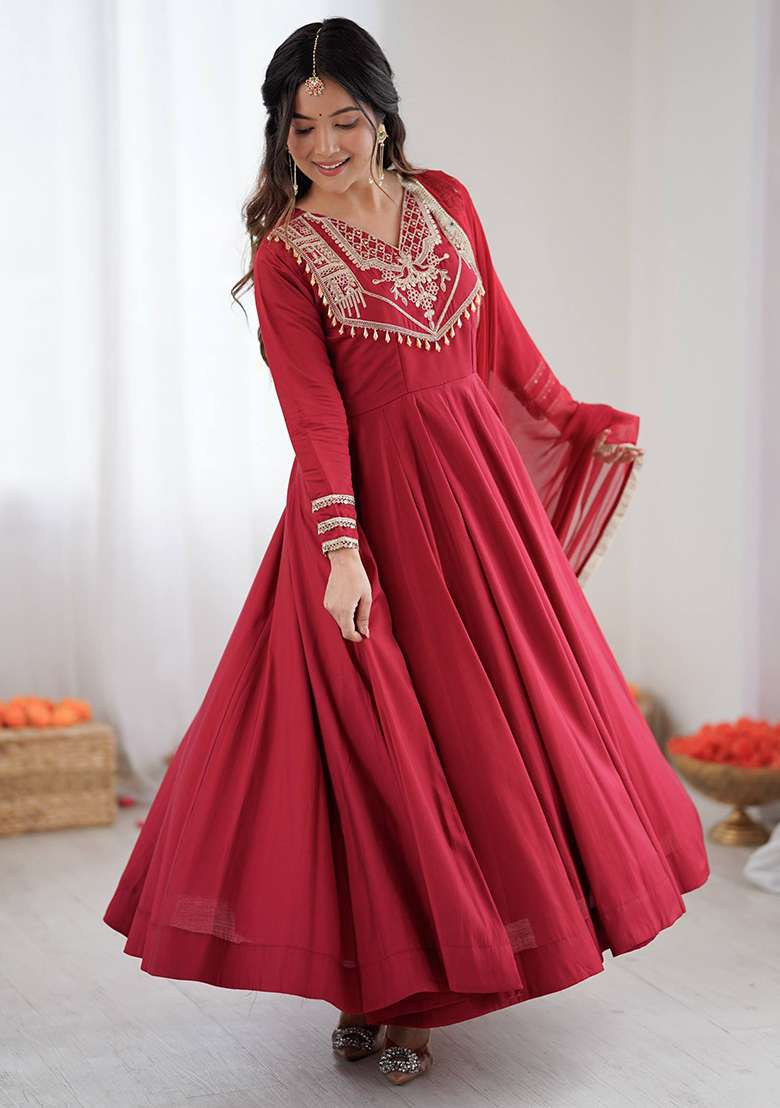 Red Embroidered Silk Blend Anarkali Set - Indya
