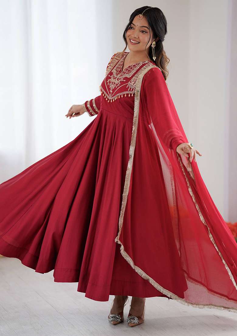Red Embroidered Silk Blend Anarkali Set - Indya