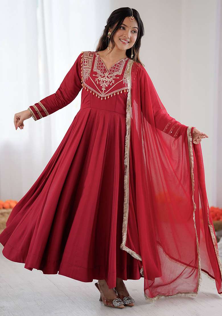 Red Embroidered Silk Blend Anarkali Set - Indya
