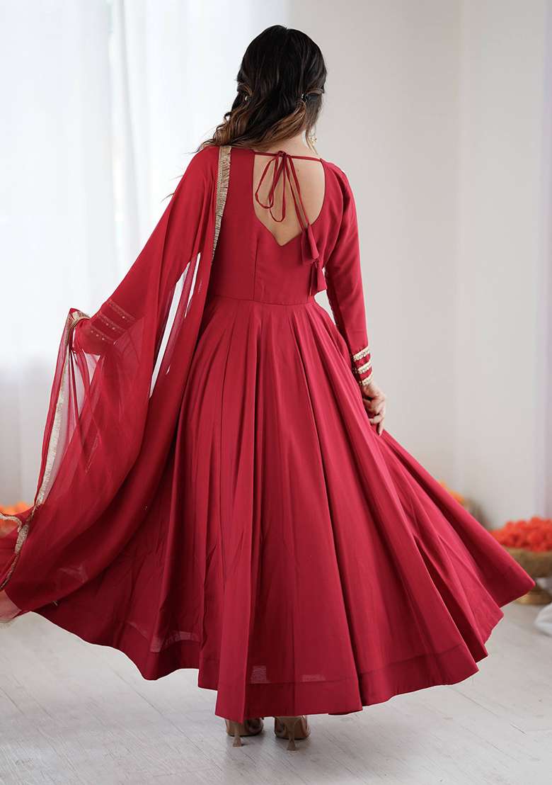 Red Embroidered Silk Blend Anarkali Set - Indya