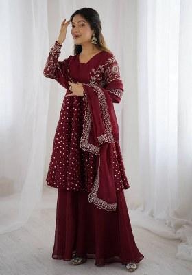 Maroon Embroidered Silk Blend Sharara Set
