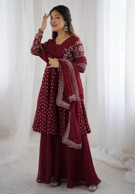 Maroon Embroidery Crunchy Silk Kurta Set
