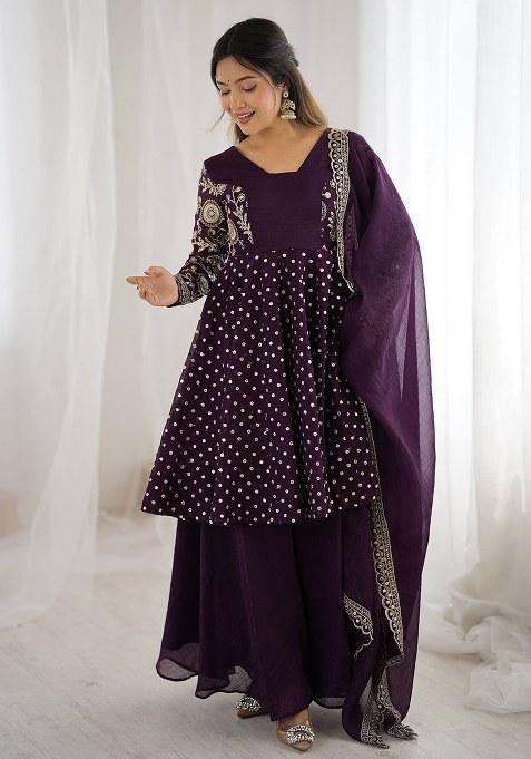 Purple Embroidery Crunchy Silk Kurta Set