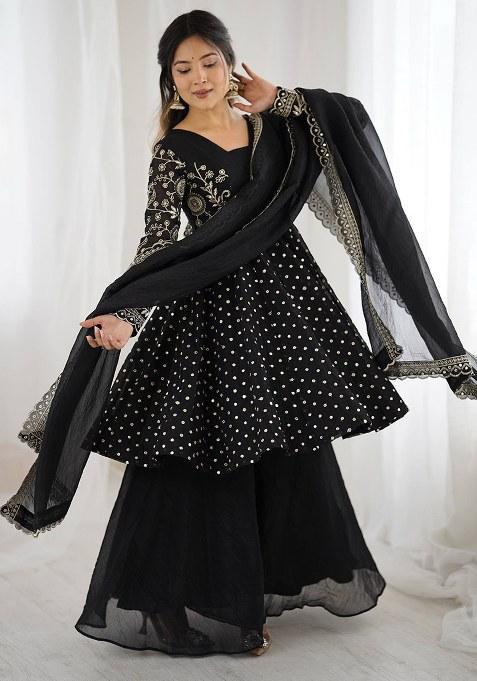 Black Embroidery Crunchy Silk Kurta Set