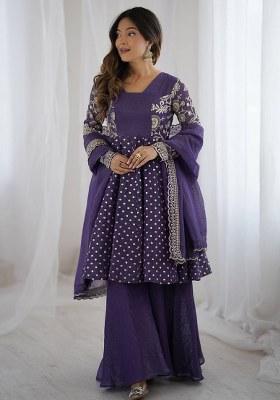 Violet Printed Silk Sharara Set