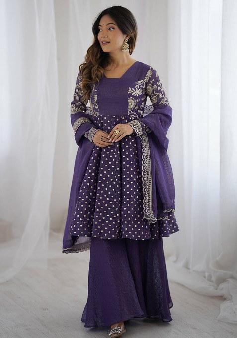 Violet Embroidery Crunchy Silk Kurta Set